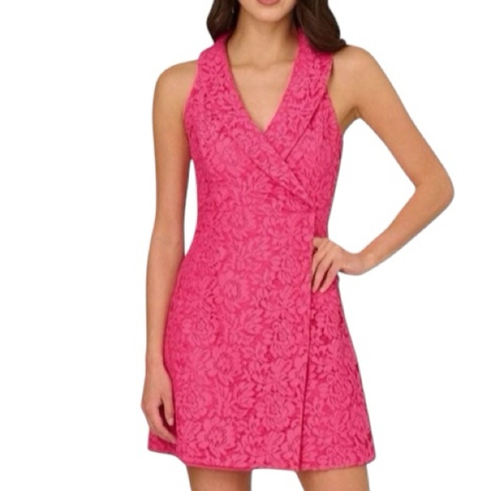 Adrianna Papell Magenta FloralLace Tuxedo Short Dress with faux wrap Sz 10